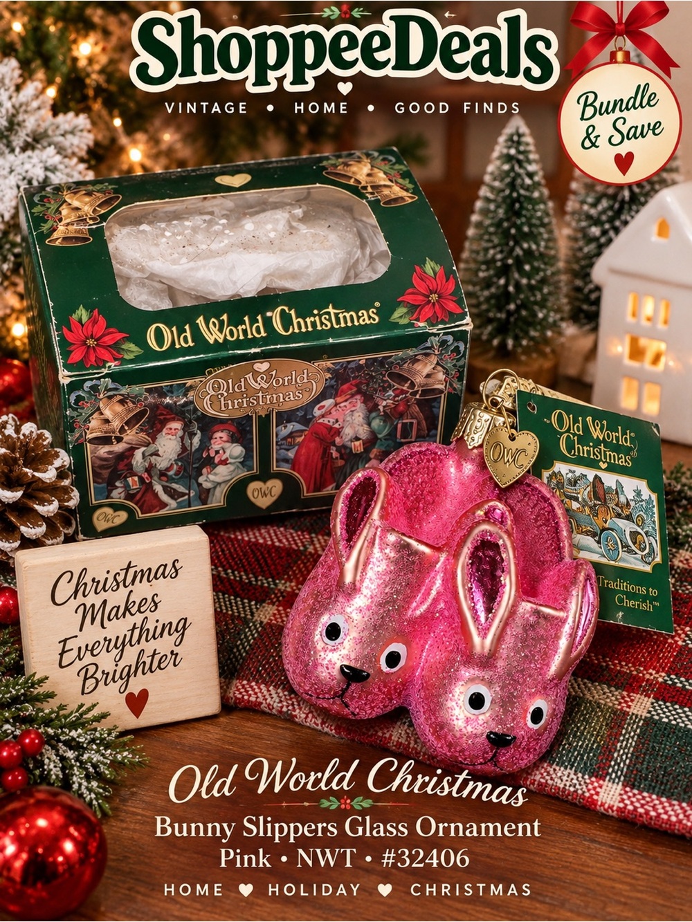 Old World Christmas Bunny Slippers Glass Ornament Pink NWT #32406